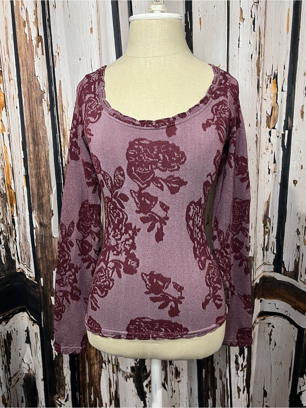 Altar'd State Mauve & Wine Floral Scoop Neck Long Sleeve Top